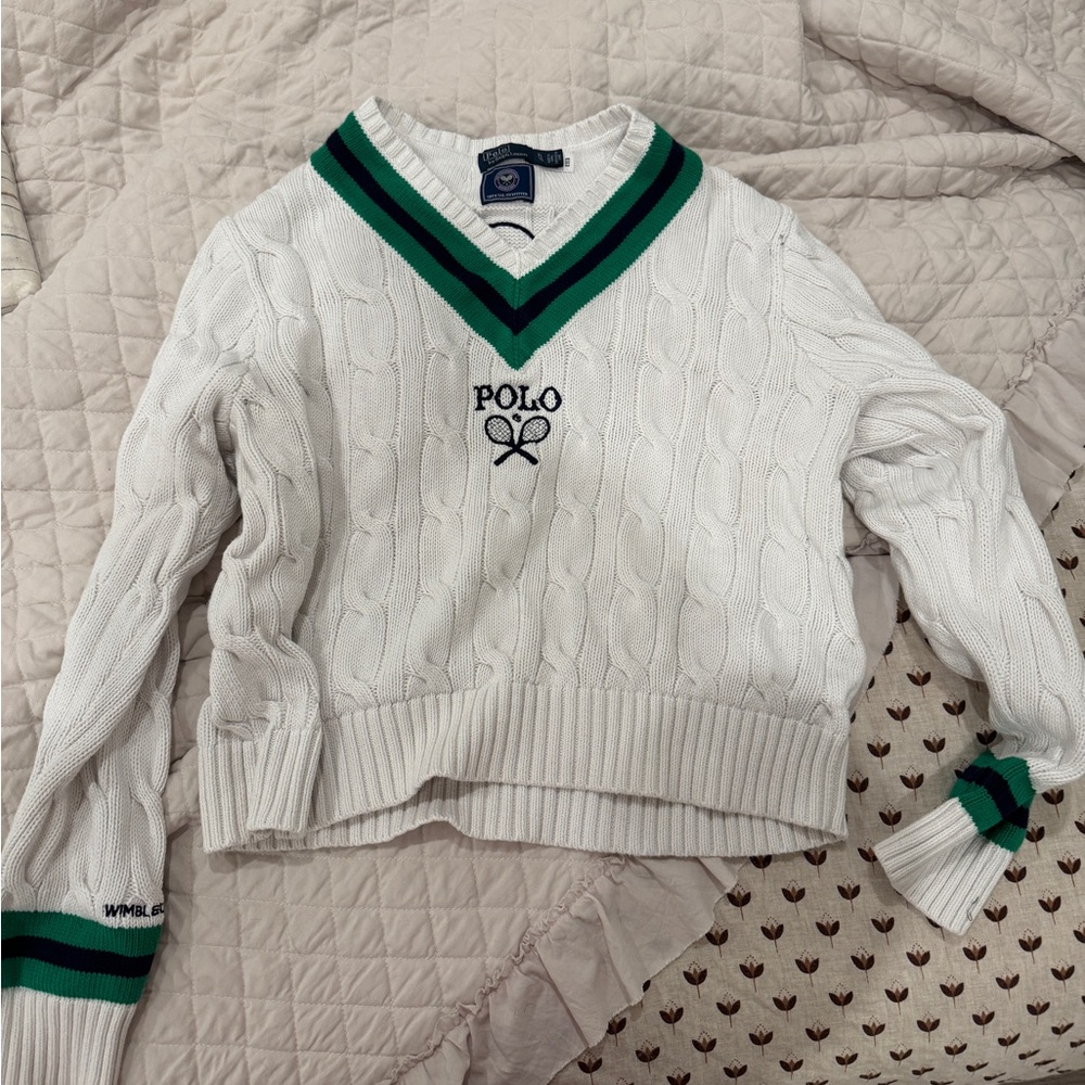 Polo by Ralph Lauren White V-Neck Sweater with Green Accents